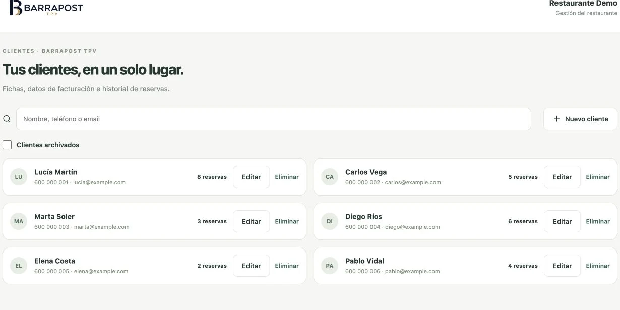 Clientes y facturas · Interfaz BARRAPOST con datos de demostración