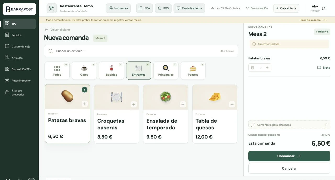 Carta y comanda · Interfaz BARRAPOST con datos de demostración