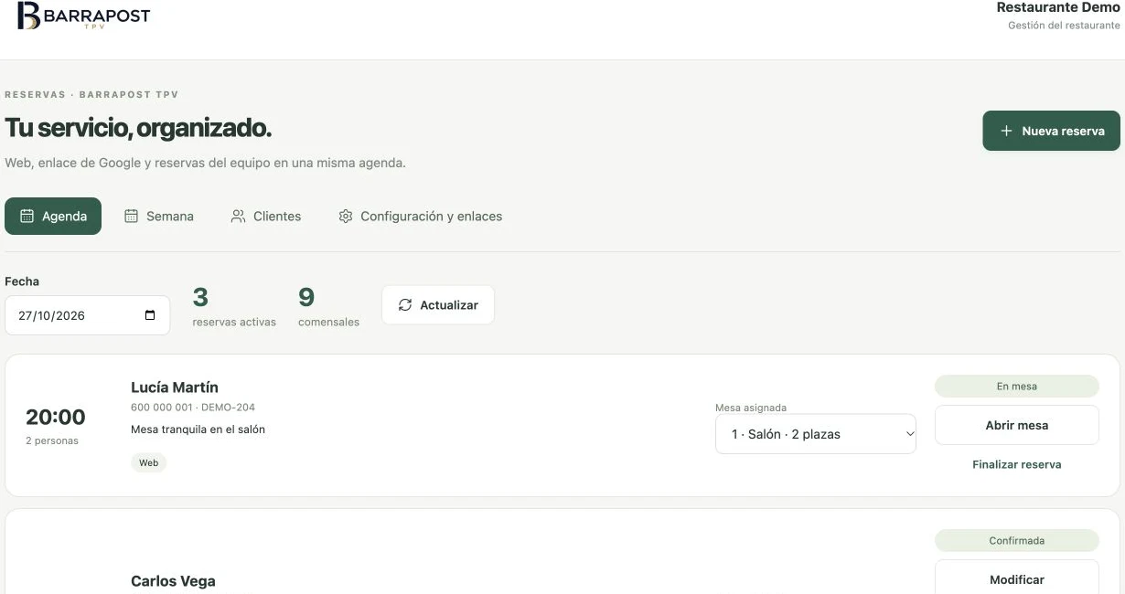 Reservas · Interfaz BARRAPOST con datos de demostración